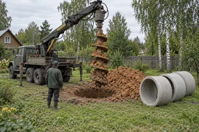 Буровая машина бурит ствол под колодец из колец